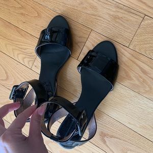 Banana Republic black patent leather wedge sandal with ankle strap